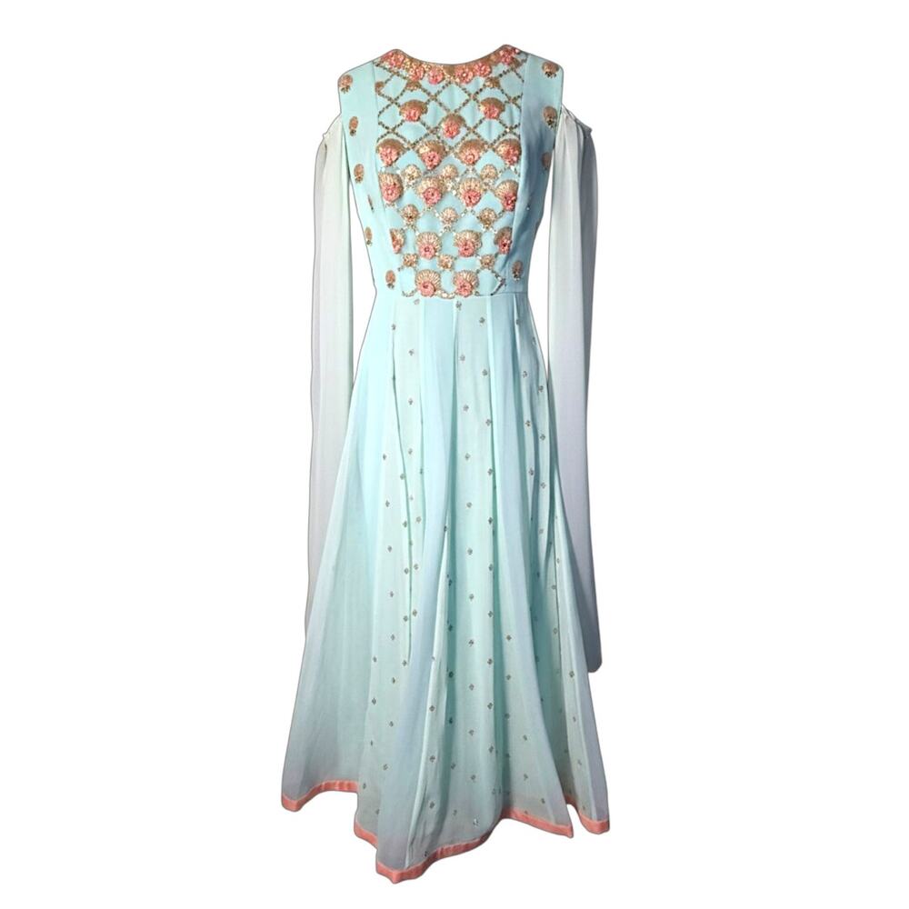 Mint Green Anarkali Midi Dress Embroidered Sequin Indian Formal Gown